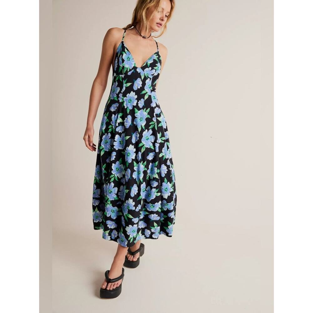 Free People Finer Things Printed Halter Midi Dress Black Combo Large Tropical View 4